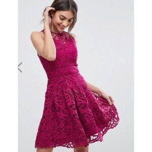 Adelyn Rae Women's Crochet Lace Crewneck Fit & Flare Party Dress Magenta Size L